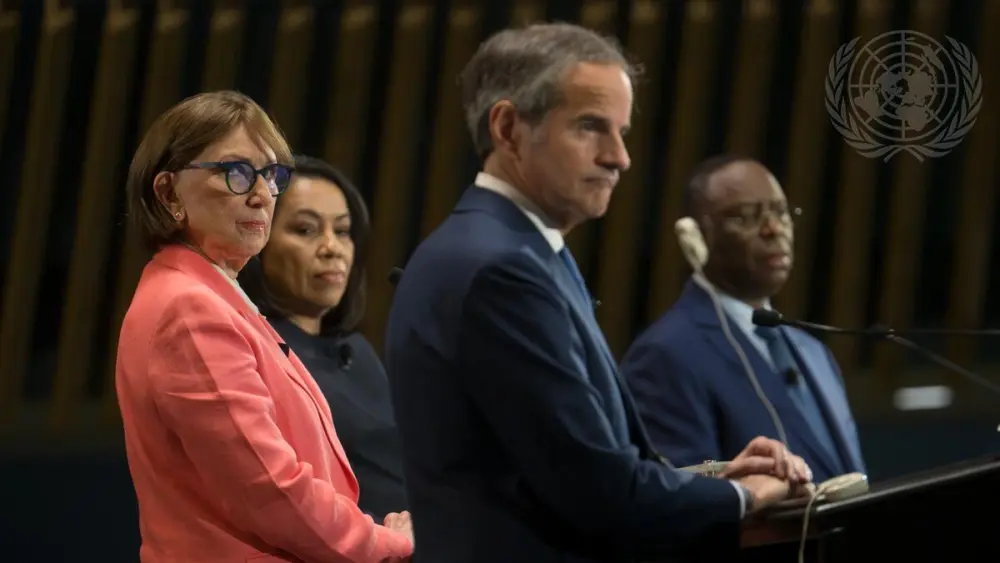 Rafael Mariano Grossi (front), Rebeca Grynspan (left), Carolyn Rodrigues-Birkett (second from left) and Macky Sall, candidates for the position of next U.N. secretary-general, during a town hall debate at the U.N. headquarters in New York City, July 23, 2026. Credit: Mark Garten/UN Photo.
