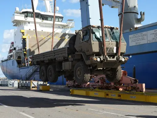 Israel unloads a cargo ship carrying tons of military equipment including dozens of Humvees and trucks at the Port of Haifa ahead of “Operation Roaring Lion,” Feb. 27-28, 2026. Credit: Israel Ministry of Defense.