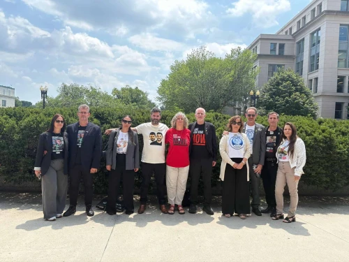 Survivors and families of the Hamas captives ahead of a meeting in Washington with U.S. Secretary of State Marco Rubio, July 25, 2025. Credit: Hostage and Missing Families Forum.