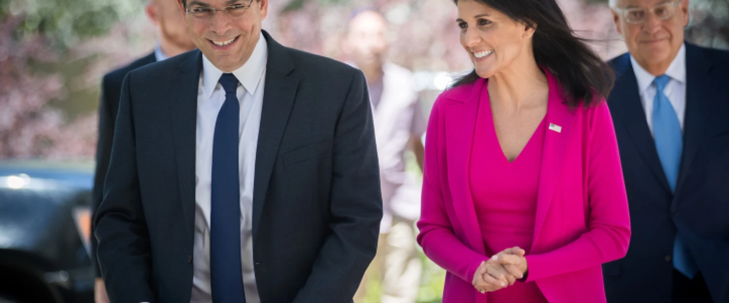 Then-Israeli Ambassador to the U.N. Danny Danon walks with then-U.S. envoy Nikki Haley as she arrives at the President’s Residence in Jerusalem, June 7, 2017. Photo Yonatan Sindel/Flash90.