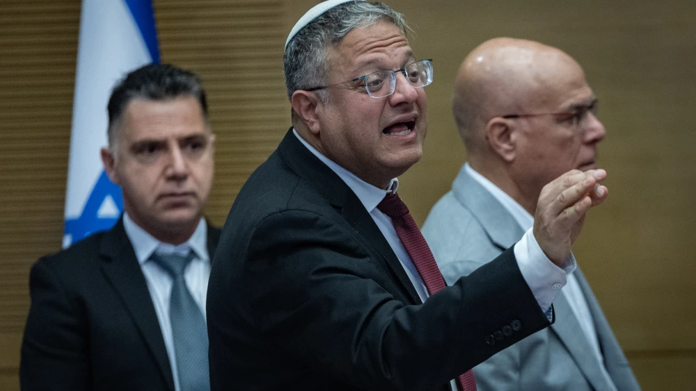 National Security Minister Itamar Ben-Gvir and committee head MK Zvika Fogel attend a National Security committee meeting at the Knesset, the Israeli parliament, on March 24, 2026. Photo by Yonatan Sindel/Flash90.