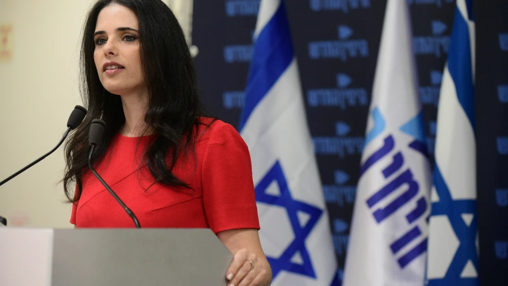 Justice Minister Ayelet Shaked at a press conference announcing Hapoel Beer Sheva owner Alona Barkat is officially joining the New Right Political party, in Tel Aviv on February 7, 2019. Credit: Tomer Neuberg/Flash90