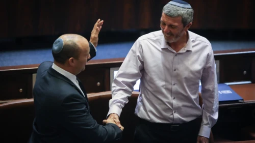 Yamina Party members Naftali Bennett and Rafi Peretz during a special memorial session for Rehavam Ze'evi at the Knesset, in Jerusalem, on Oct. 29, 2019. Photo by Flash90.