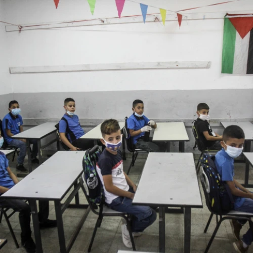 Palestinian students on the first day of school in the city of Nablus/Shechem in the West Bank on Sept. 6, 2020. Photo by Nasser Ishtayeh/Flash90.