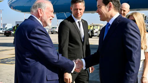 U.S. Secretary of State Marco Rubio (right) is greeted in Israel by U.S. Ambassador Mike Huckabee, Sept. 14, 2025. Credit: U.S. Embassy Jerusalem.