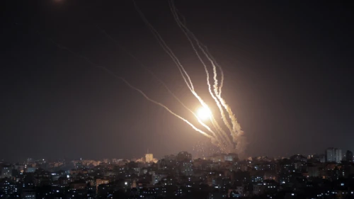 Rockets are fired from Gaza towards Israel, in the southern Gaza Strip, on May 10, 2023. Photo by Atia Mohammed/Flash90.