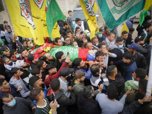 Palestinian terrorists at a funeral in Al-Mughayyir, near Ramallah in Samaria, Dec. 5, 2020. Photo by Nasser Ishtayeh/Flash90.