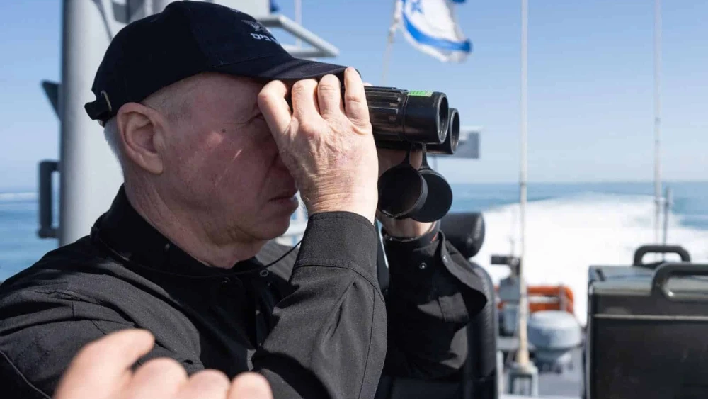 Israeli Defense Minister Yoav Gallant aboard a Dvora–type Israel Navy fast patrol boat off the coast of Gaza, March 10, 2024. Credit: Elad Malka.