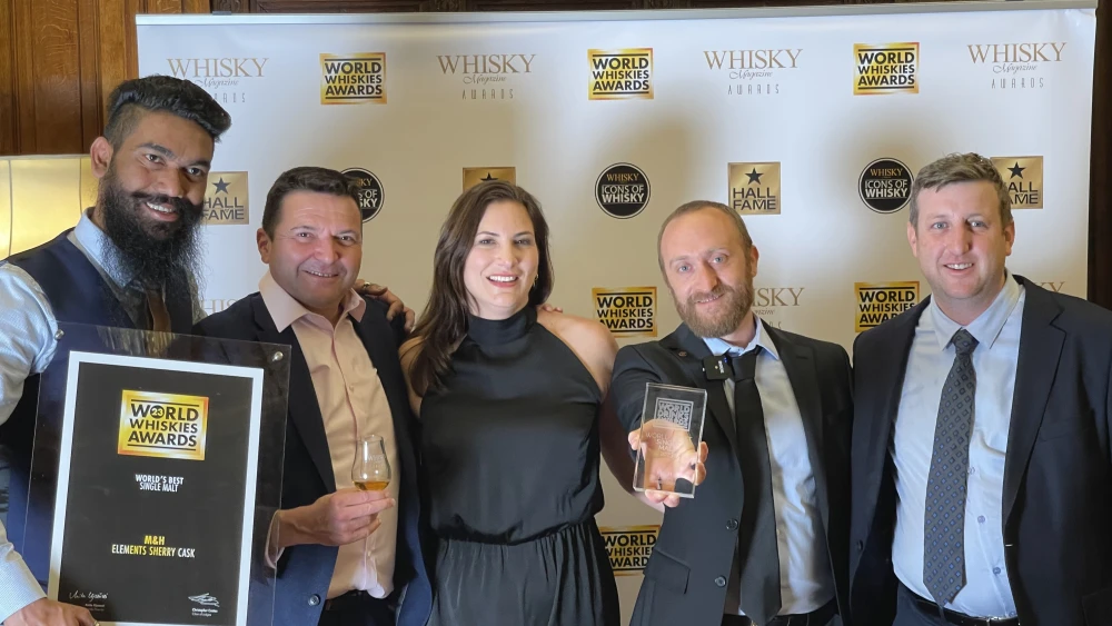 M&H Distillery (Milk and Honey) receives the accolade of “Best Single Malt Whisky in the World” for its Element Sherry Cask at the World Whiskies Awards, April 3, 2023. Credit: Courtesy.