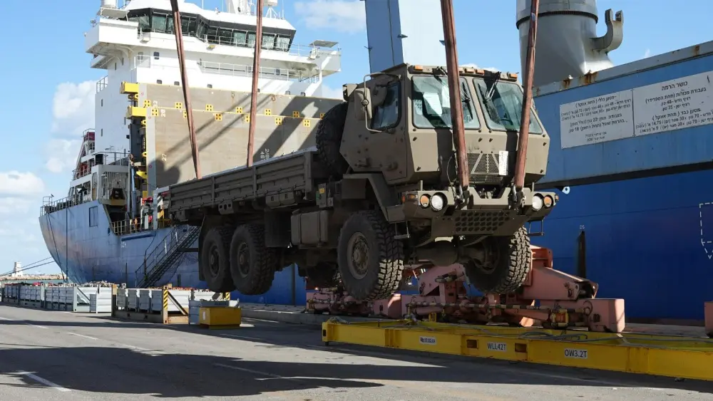 Israel unloads a cargo ship carrying tons of military equipment including dozens of Humvees and trucks at the Port of Haifa ahead of “Operation Roaring Lion,” Feb. 27-28, 2026. Credit: Israel Ministry of Defense.