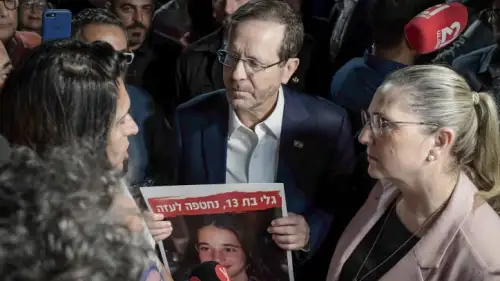 Israeli president Isaac Herzog and his wife Michal visit families of Israelis held hostage by Hamas terrorists at "Hostage Square" in Tel Aviv, Nov. 9, 2023. Photo by Tomer Neuberg/Flash90.