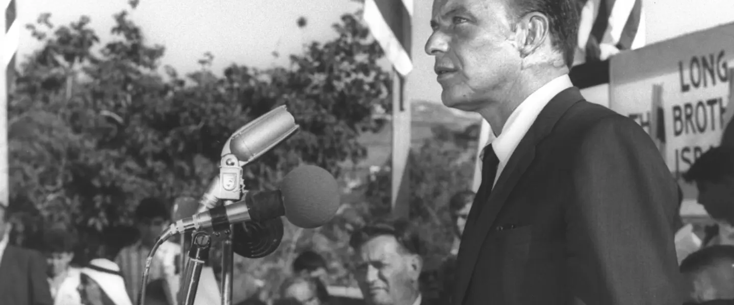 Frank Sinatra speaking at the cornerstone-laying ceremony of the Frank Sinatra International Brotherhood Youth Center in Nazareth. Credit: GPO.