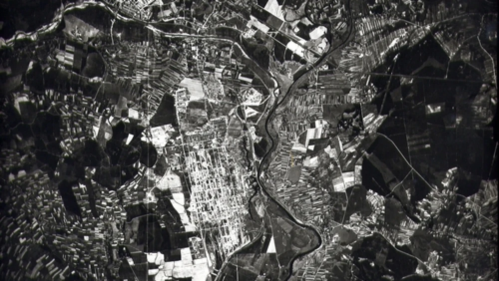 An aerial surveillance photo that U.S. pilots took over Auschwitz in 1944. Courtesy of the David S. Wyman Institute for Holocaust Studies.