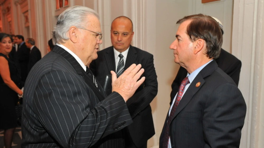 Click photo to download. Caption: CUFI founder Pastor John Hagee (left) with U.S. Rep. Ed Royce (R-CA), chairman of the House Committee on Foreign Affairs, at a dinner in Hagee's honor on Nov. 7 in New York. Credit: CUFI.