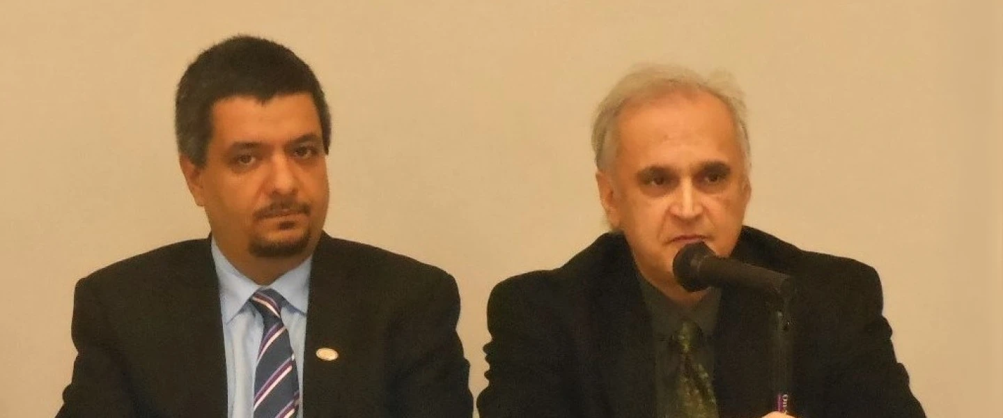Roozbeh Farahanipour, a former student activist, leader in the movement for an Iranian cultural renaissance and chairman of the Marz-e Por Gohar (“Glorious Frontiers”) resistance movement, (left) with Iranian activist Frank (Faryar) Nikbakht. Credit: Courtesy.