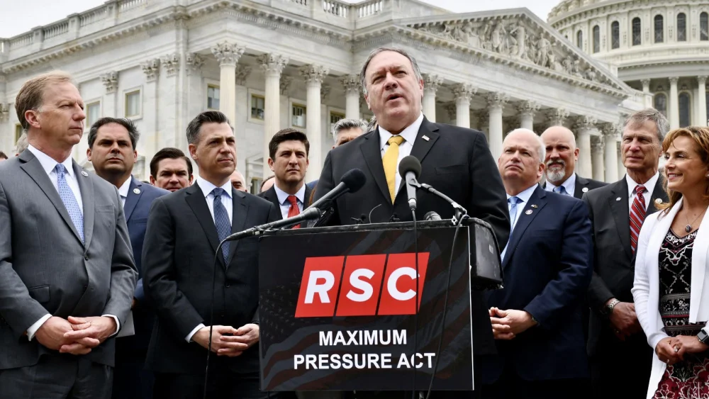 Former U.S. Secretary of State Mike Pompeo joins Republicans to unveil the Maximum Pressure Act, April 21, 2021. Source: Twitter/Republican Study Group.