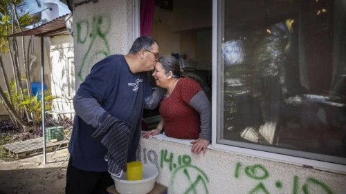 Shahar Snurman and his wife, Ayelet Kohn, in Kibbutz Kfar Aza, one of the communities hardest hit during Hamas's Oct. 7 massacre. Credit: Courtesy of Shahar Snurman.