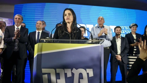 Yamina alliance leader Ayelet Shaked speaks at party headquarters in Ramat Gan on Israeli election night, Sept. 17, 2019. Photo by Flash90.