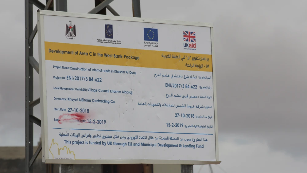 Photo of the signage along the route of the illegal roadway. Credit: Regavim.