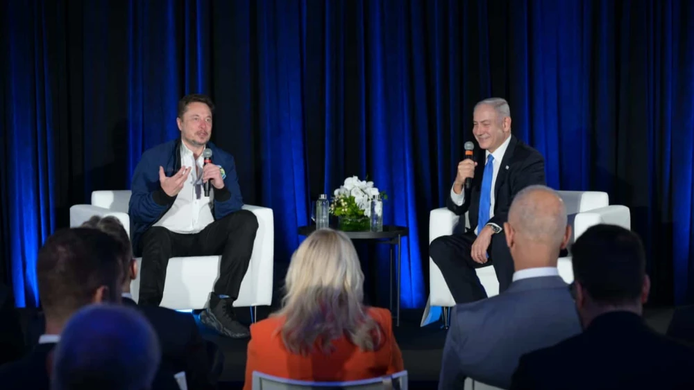 Prime Minister Benjamin Netanyahu during a live broadcast with Elon Musk, Sept. 18, 2023. Photo by Avi Ohayon/GPO.