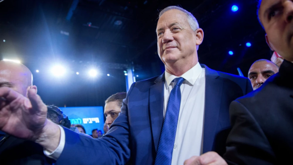 Blue and White Party leader Benny Gantz speaks to supporters at the party's headquarters in Tel Aviv on election night, March 3, 2020. Photo by Miriam Alster/Flash90.