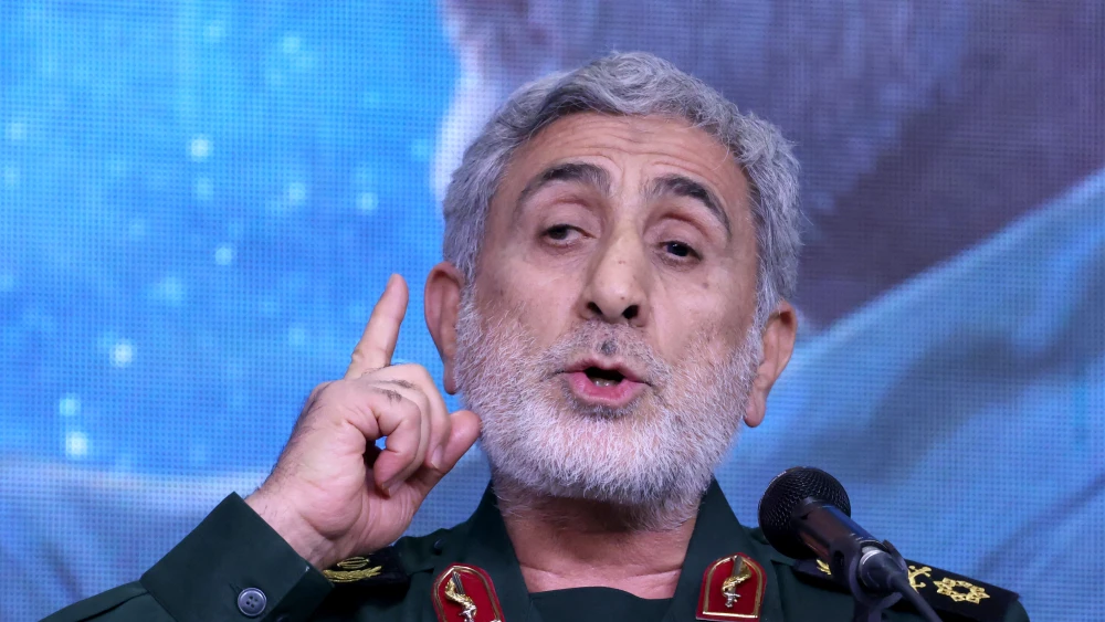 The commander of the Islamic Revolutionary Guard Corps' Quds Force, Esmail Qaani, speaks during a commemoration ceremony marking the anniversary of the 2020 killing of his predecessor. Photo by Atta Kenare/AFP via Getty Images.