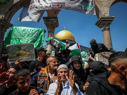Palestinians protest after Friday prayers during the month of Ramadan at the Temple Mount in Jerusalem's Old City, April 14, 2023. Photo by Jamal Awad/Flash90.