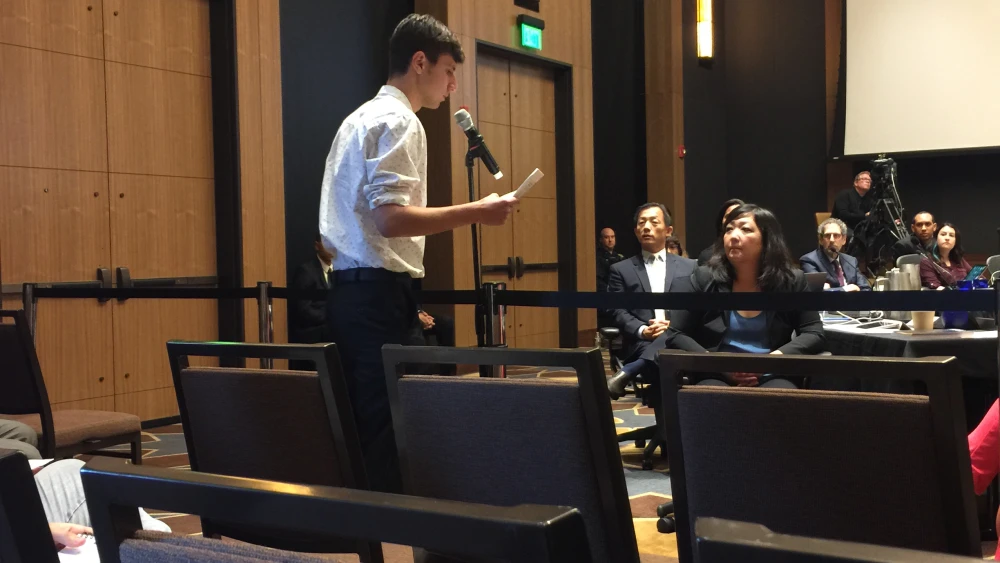 UCLA student Justin Feldman speaking at the Board of Regents meeting against National Students for Justice in Palestine. Credit: Courtesy.