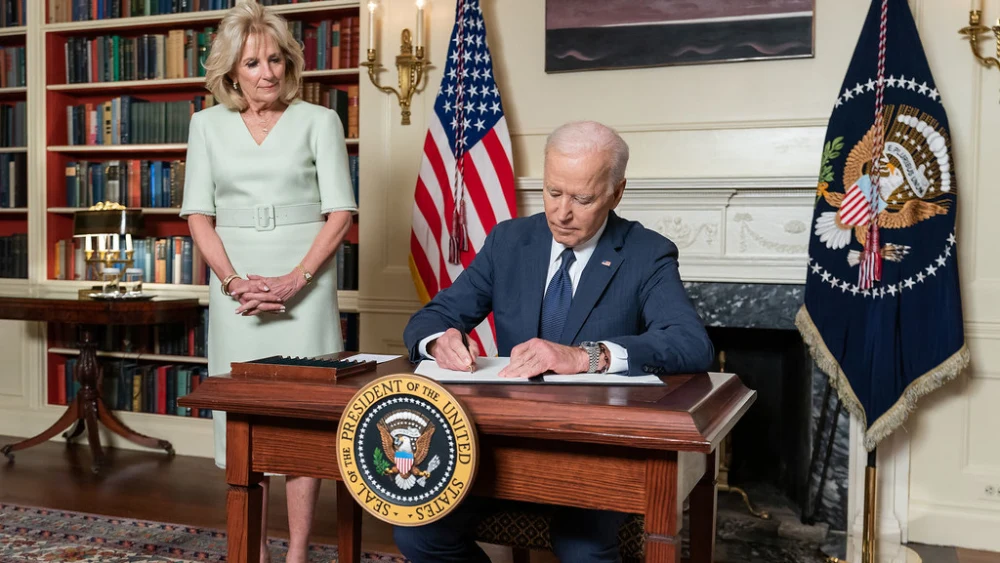 U.S. President Joe Biden, joined by first lady Jill Biden, in the Library of the White House, March 31, 2021. Photo by Adam Schultz/The White House.