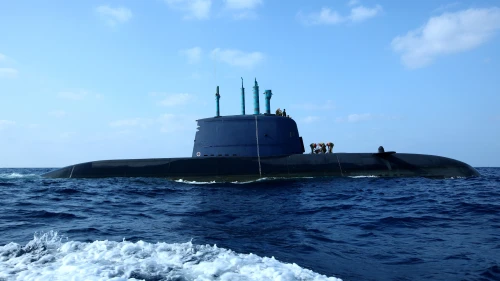 An Israeli navy Dolphin-class submarine in the water off the coast of Haifa. The Dolphin class is a diesel-electric submarine which was developed and constructed in Germany for the Israeli Navy's specific needs. The Dolphin boats are considered among the most sophisticated and capable conventional submarines in the world. Photo by Moshe Shai/Flash90.