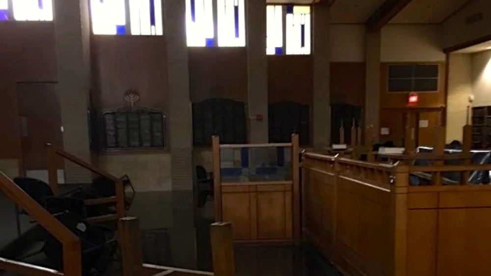 Flood damage from Hurricane Harvey at United Orthodox Synagogues of Houston. Credit: Robert Levy via Facebook.