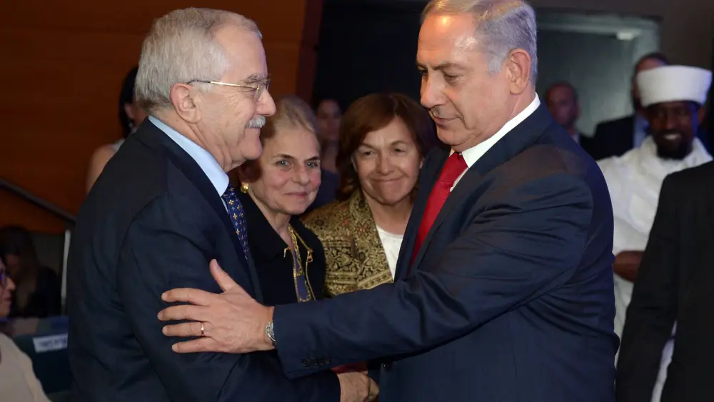 Israel's Prime Minister Benjamin Netanyahu seen with Yair Shamir during an evening to mark the 100 years since the birth of Yitzhak Shamir at the Menachem Begin Heritage Center in Jerusalem on February 28, 2016. Credit: Haim Zach/GPO