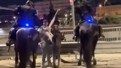 A video showing the incident on Ayalon Highway between a mounted officer and a protester on April 1, 2023 in Tel Aviv. Source: Twitter