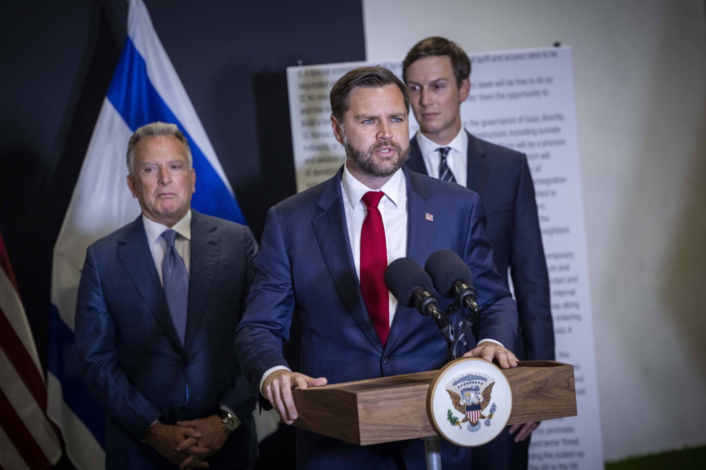 U.S. Vice President JD Vance delivers a statement to the media alongside U.S. Middle East envoy Steve Witkoff and Jared Kushner, Kiryat Gat, Israel, Oct. 21, 2025. Photo by Chaim Goldberg/Flash90.