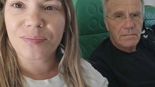Israelis Lilach and her father on the flight from Larnaca to Aqaba. Credit: Courtesy.