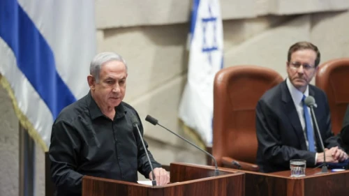 Prime Minister Benjamin Netanyahu and President Isaac Herzog attend a plenary session at the Knesset in Jerusalem, Oct. 16, 2023. Photo by Noam Revkin Fenton/Flash90.