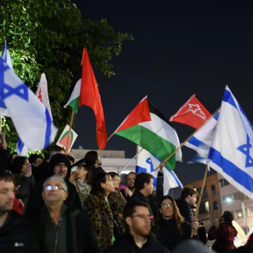 Palestinian flags waved at the rally against Israeli Prime Minister Benjamin Netanyahu's judicial reforms in Tel Aviv, Jan. 14, 2023. Photo by Gili Yaari /Flash90.