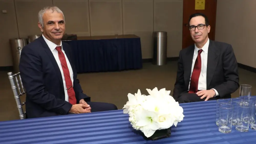 Israeli Finance Minister Moshe Kahlon (left) with U.S. Treasury Secretary Steven Mnuchin in Washington, D.C., on Dec. 4, 2018. Credit: Moshe Kahlon/Twitter.