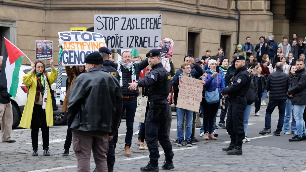 People stage a protest in support of Palestinians in Prague