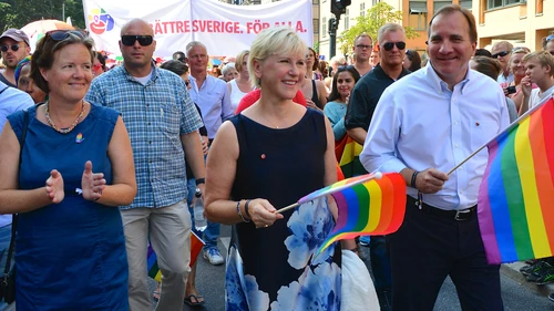 Caption: Swedish Foreign Minister Margot Wallstrom (front, center) and Swedish Prime Minister Stefan Lofven (front, right)—both of whom have recently made controversial remarks on the Israeli-Palestinian conflict—march in an LGBT pride parade in Stockholm in August 2014. Credit: Frankie Fouganthin via Wikimedia Commons.