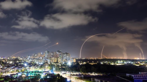 Israel's Iron Dome system launches interceptors at rockets fired from the Gaza Strip, as seen from Ashkelon, on May 13, 2023. Photo by Yossi Aloni/Flash90.
