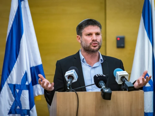 Then-Tkuma Party head Bezalel Smotrich speaks to reporters at the Knesset in Jerusalem on April 4, 2021. Photo by Olivier FItoussi/Flash90.