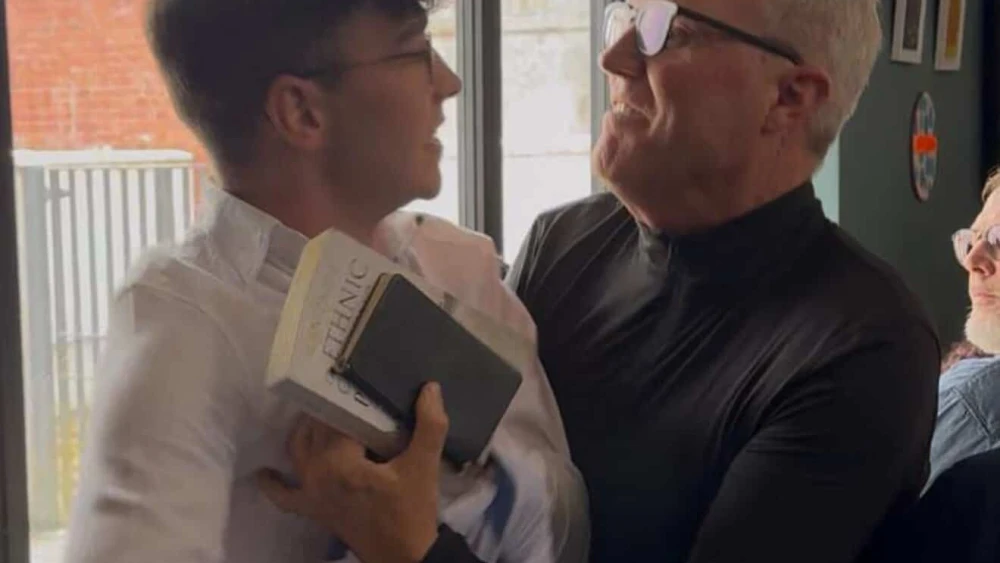 Dr. Ger Downes, right, shoves Jamie O'Mahony at The Gaff venue in Limerick, Ireland on July 5, 2025. Photo courtesy of O'Mahony.