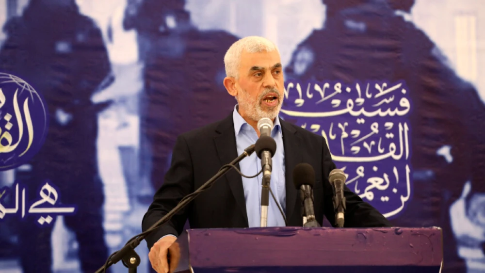 Hamas leader in Gaza Yahya Sinwar speaks at an event in Gaza City, on April 30, 2022. Photo by Attia Muhammed/Flash90.