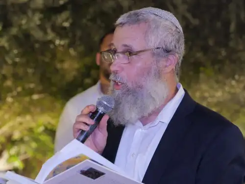 Rabbi Tamir Granot officiates at the wedding of his late son's ex-fiancée in Caesarea on Aug. 11, 2025. Credit: Courtesy of Granot.