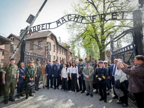 Military and law enforcement professionals at the March of the Living at the Auschwitz-Birkenau camp site in Poland on April 24, 2025. Photo by Shlomi Cohen/Flash90.