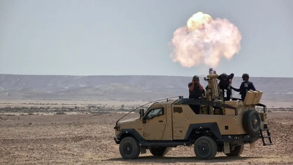 An Elbit Systems mortar munition system mounted on a 4x4 vehicle, May 15, 2023. Credit: Elbit Systems.