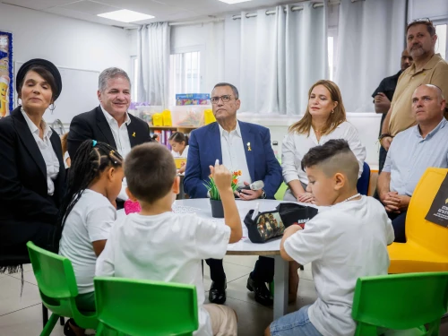 Israeli Education Minister Yoav Kisch (second from left) and Jerusalem Mayor Moshe Lion (center) visit Israeli children at their classroom on the first day of school in Jerusalem, Sept. 1, 2024. Photo by Chaim Goldberg/Flash90.