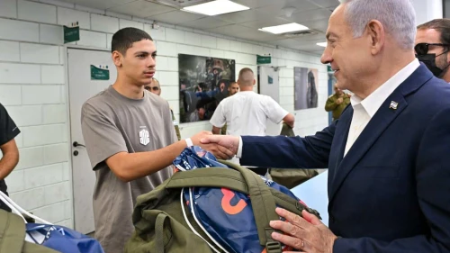 Israeli Prime Minister Benjamin Netanyahu visits new IDF recruits at Tel Hashomer induction base, on Aug. 5, 2025. Photo by Kobi Gideon/GPO.
