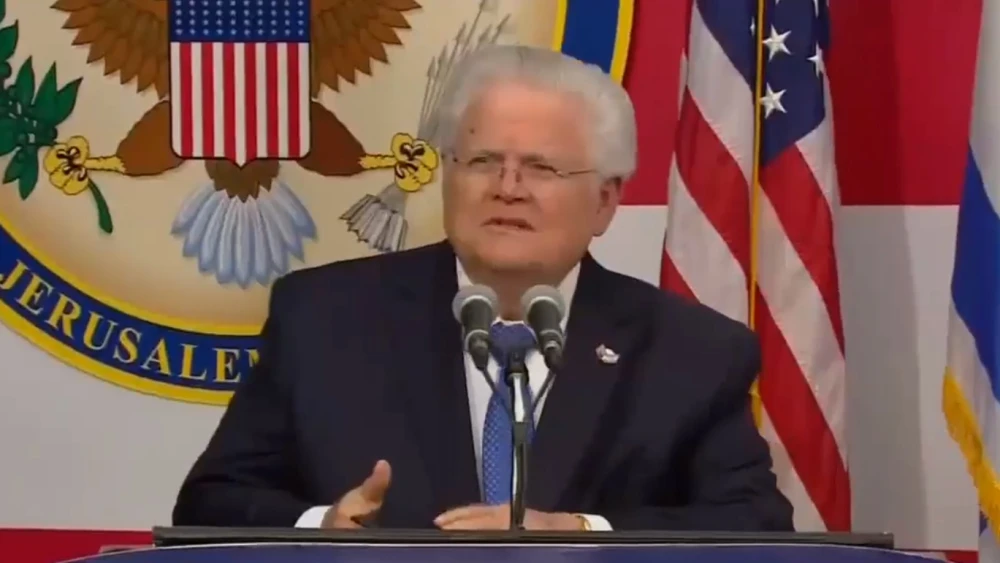 Christians United for Israel founder and chairman Pastor John Hagee delivers the benediction at the opening of the U.S. embassy in Jerusalem, May 14, 2018. Source: Screenshot.
